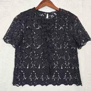 Zara Size S Womens Black crochet Lace Short Sleeve Ruffle Front‎ Blouse Short Sl